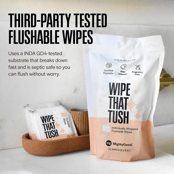 Wipe That Tush On-The-Go Flushable Wipes - 1 Packs of 30 Individually Wrapped Travel Wipes - Fragrance Free & Hypoallergenic - Extra Large & Soft - Aloe & Vitamin E - Septic-Safe - Travel Essentials