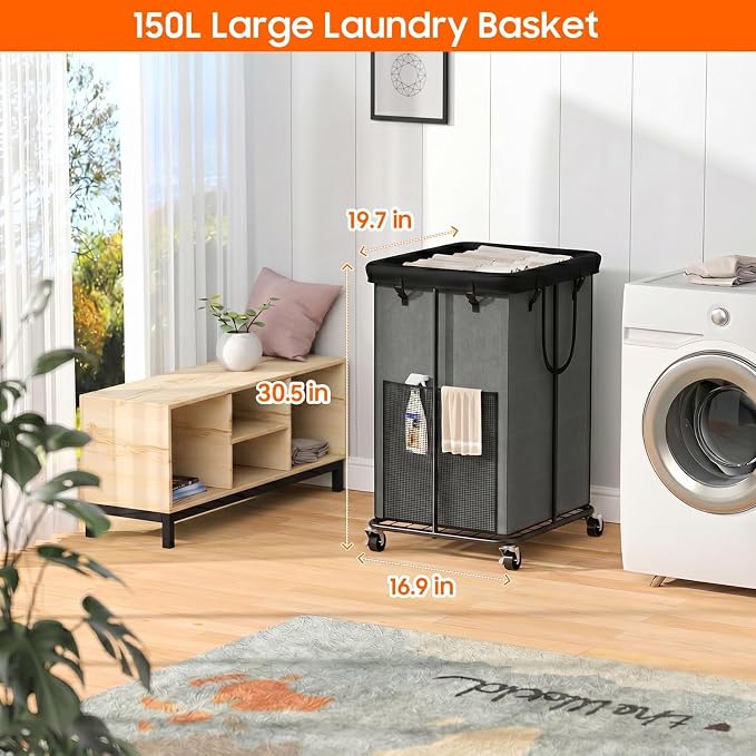 Laundry Hamper with Wheels, 150L Rolling Laundry Basket with Bag & Handles | Sturdy Metal Frame | Removable Bag | Large & Tall Dirty Clothes Hampers for Laundry Room, Bedroom, Dorm, Bathroom-Grey