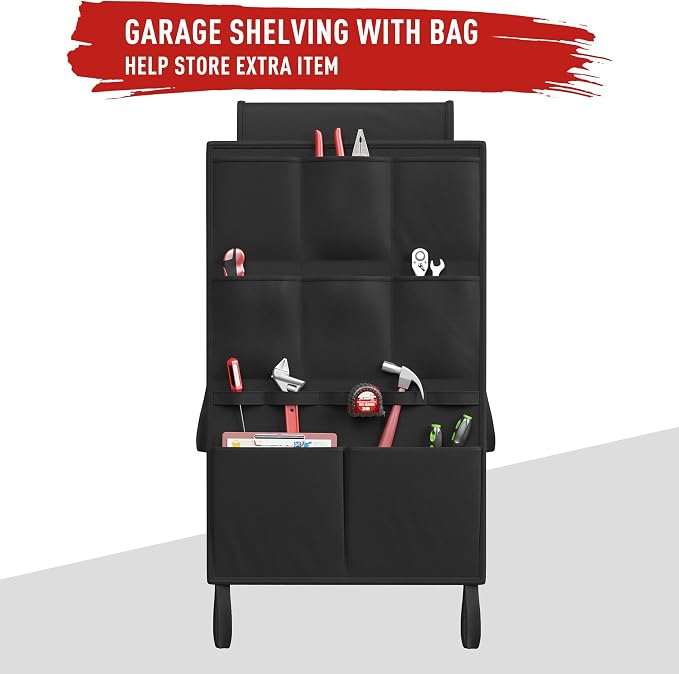 REIBII 37.9" W Storage Shelving with Tool Bag for Garage Workshop Basement | Wire Mesh Panel, Adjustable, Detachable, 5-Tier, Easy Assembly, for Homeowner and DIYer, 66.1" H x 37.9" W x 15.8" D, 2000Lbs