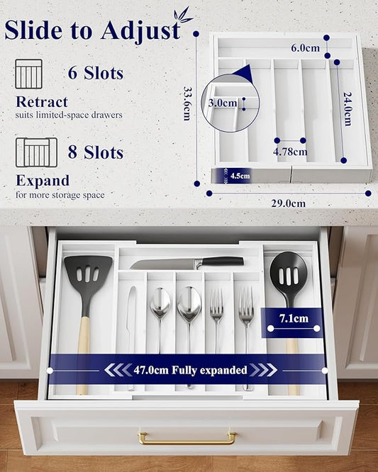 Kitsure Silverware Organizer - Expandable Bamboo Kitchen Drawer Organizer for Cooking Utensils and Cutlery, Sturdy & Thickened Kitchen Organizers and Storage Solution, Large, White