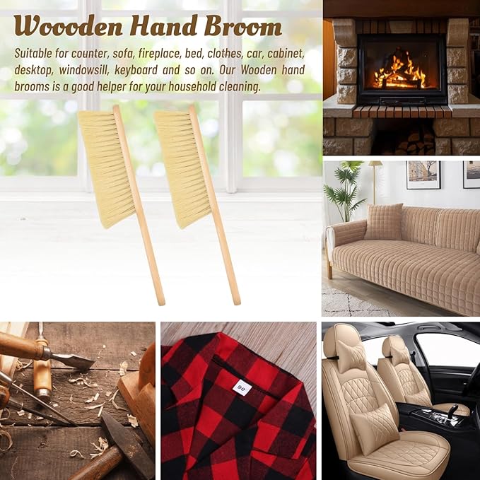2 Pieces Woooden Dust Brush Hand Broom Bench Brush with Long Wood Handle Whisk Broom Soft Bristle Brush for Counter Bed Sofa Car Fireplace Clothes Household Cleaning