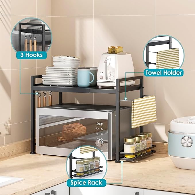 Expandable Microwave Stand Kitchen Countertop Organizer With Storage, Black | Adjustable Microwave Oven Rack Metal Storage Shelf for Pans Small Appliances Kitchen Utensils Tableware, 2-Tier