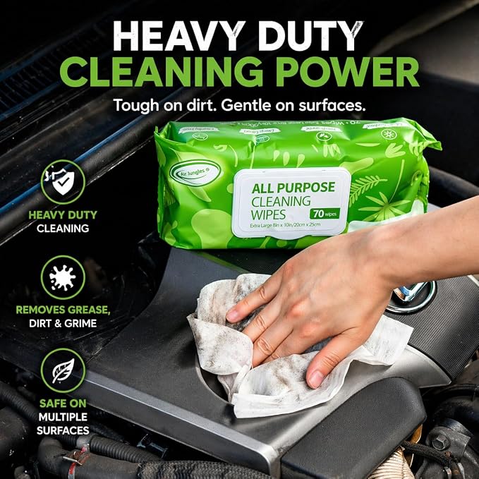 Air Jungles All Purpose Cleaning Wipes 70 Count, XL 8x10 Inch | Heavy Duty for Car Interior, Kitchen, Bathroom, Gym Equipment, Tools, Non-Toxic Safe For Multi-Surface