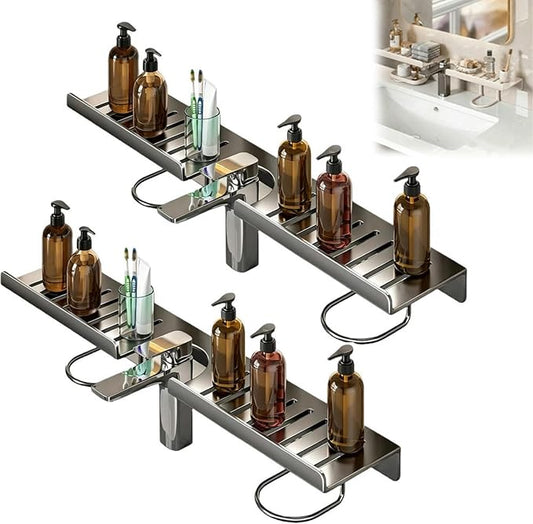 19.7 Inch Over Sink Faucet Storage Rack, No-Drill Countertop Storage Rack for Toiletries & Skincare, Over Sink Shelf, Compact Countertop Stand, for Kitchen, Bathroom, Shower, Easy Drainage (Gray* 2)