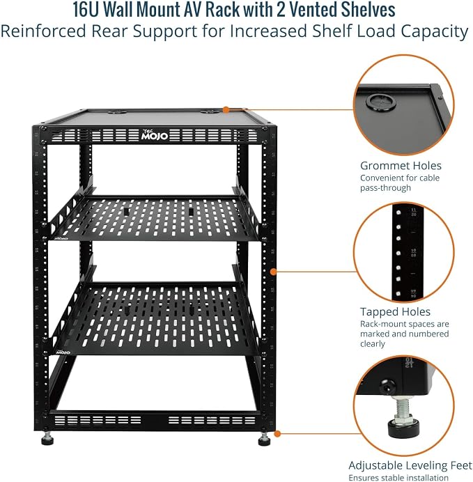 Tecmojo 16U Open Frame Network Rack for IT & AV Gear, AV Rack Floor Standing or Wall Mounted,with 2 PCS 1U Rack Shelves & Mounting Hardware,Network Rack for 19" Networking,Audio and Video Device