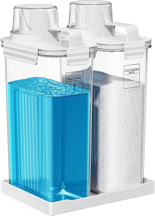 94oz Laundry Detergent Dispenser Container,Soap Dispenser,White Tray,2 Pack | Fabric Softener Dispenser,Liquid Laundry Detergent Organizer for Laundry Room Organization