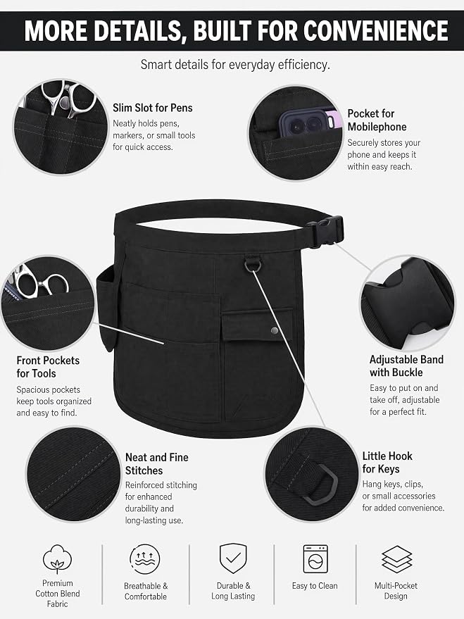 Molaxhome Waist Tool Apron with Multi-Pocket Adjustable Belt for Gardening | Adjustable Long Belt,Waitress Server Aprons,Tool Belt,Hairdressers,Work Apron
