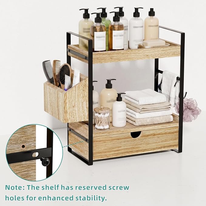 Kottwca 2-Tier Bathroom Counter Organizer with Drawer, Basket & Hooks, Wooden Vanity Shelf for Skincare, Perfume & Makeup Storage(Light Brown)