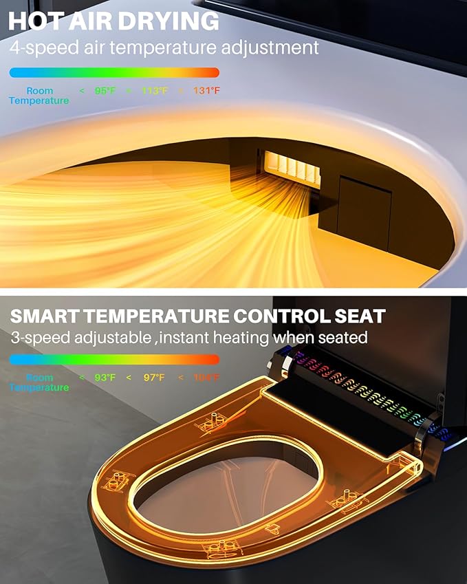 WinZo Smart Toilet,Modern Smart Toilet with Bidet Built In with Foot Sensor,Tankless Toilets Auto Open/Close Lid with Dryer,ADA Comfort Height Heat Seat,Instant Warm Water,Power Outage and Flush Black