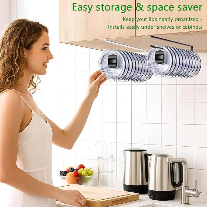 4 Pack Tumbler Lid Organizer, Cup Lid Holder Holds 12 Lids Each Under Cabinet, Space Saving Hook for Kitchen Storage and Coffee Cups, No Drilling, Carbon Steel, White
