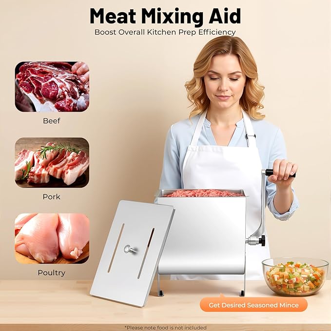 Manual Meat Mixer, 20lbs Stainless Steel Fixed Tank Meat Mixer, Manual Meat Grinder Machine with Non-Slip Feet, Countertop Food Processor, for Burger, Sausage & Jerky