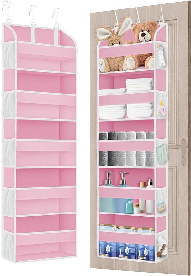 TAHAVICE Over the Door Organizer with Clear PVC Windows & 10 Mesh Pockets | 5-Tier Hanging Storage, Cute Closet Organizer for Makeup, Perfume, Toys, Perfect Pink Room Decor for Girl
