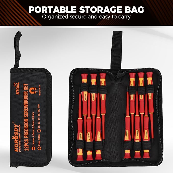 HORUSDY 12-Piece Precision Screwdriver Set, 1000V Insulated Electrician Screwdrivers with Magnetic Tips & Rotatable Top Cap, Phillips PH0/PH00, Slotted 1.8–3mm & Torx T5–T10 with Portable Storage Bag