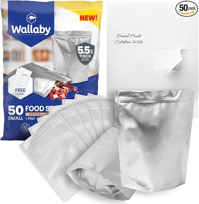 Wallaby 50 Count 1-Pint Gusset Mylar Bags with Labels, 11 Mil Total Thickness Long-Term Food Storage Pouches, 8x6 Stand-Up Zipper Heat-Sealable Airtight Packaging - Silver