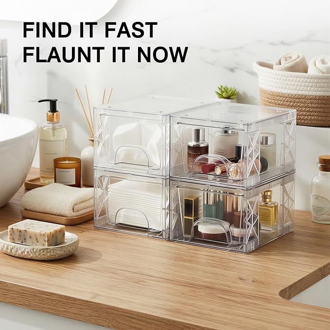 Stackable Storage Drawers 4 Pack 4.4in Clear Medicine Bins Organizer