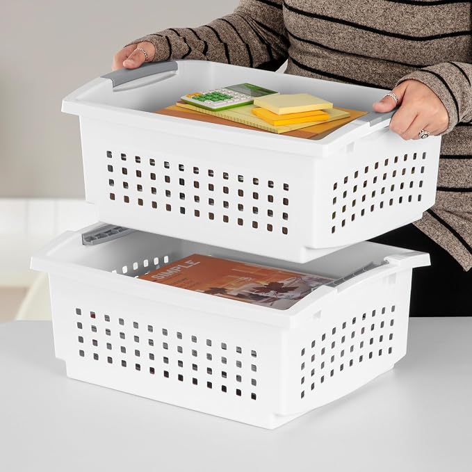 Sterilite 12 Pack Large Stacking Basket, Open Top Storage Bin with Handles, White - Ideal for Home Closets, Kitchens, or Office Organization