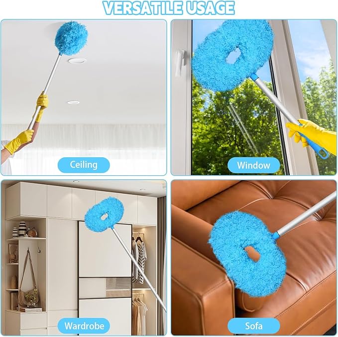 Eunice 13-50 Inches Ceiling Fan Duster with Extension Pole | Extendable Microfiber Cleaning Brush for High Ceiling,Blades,Cobwebs,Adjustable Dusting Tool for Window,Door(2 Dusters Blue)