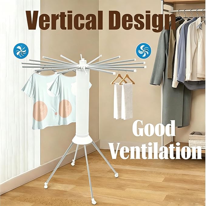 Rolling Foldable Octopus Clothes Drying Rack, Four-Legged Cylinder Clothing Hanger with Wheels, Expandable Clothes Airer with 16 Hanging Rods for Balcony/Laundry Room/Outdoor Camping/Poolside,White