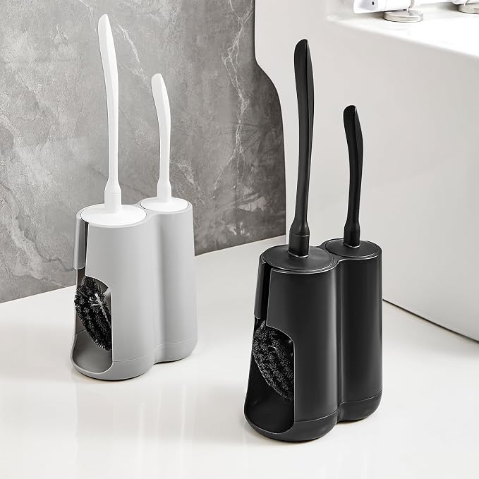 Toilet Brush & Pumice Stone Brush Combo, 2-in-1 Toilet Bowl Brush with Curved Deep Cleaning Brush and Extended Handle, Dual-Slot Holder Set, Compact Size Toilet Cleaner Brush Organizer (Dark Black)