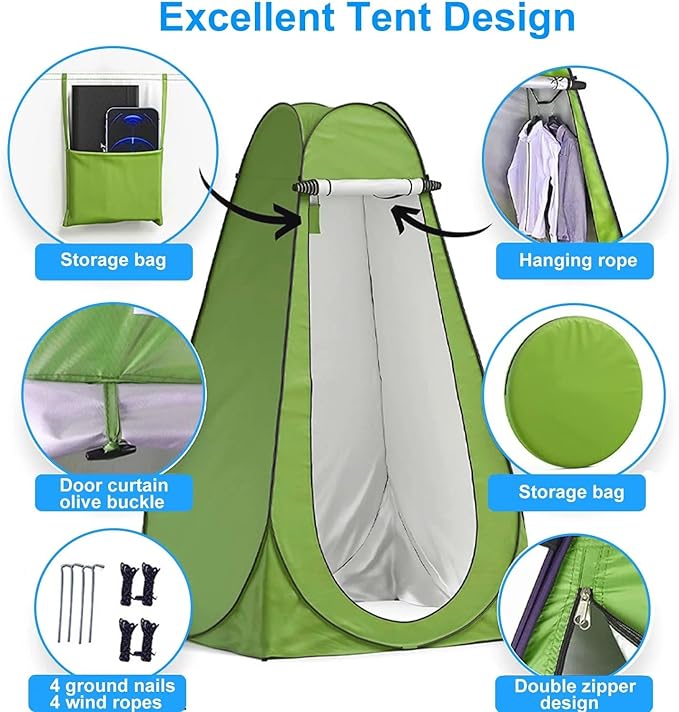Portable Toilet Kit with Pop-Up Privacy Tent, All-in-One Outdoor Bathroom & Changing Room with Camping Toilet Seat, Waste Bags, LED Light for Camping, RV, Road Trip (Toilet with Green Tent)