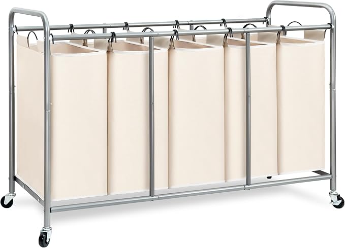 STORAGE MANIAC 5 Section Laundry Sorter, 5 Bins Rolling Separator Laundry Basket, Dirty Clothes Hamper Divider with Heavy Duty Lockable Wheels, Large Clothes Organizer Cart, Beige