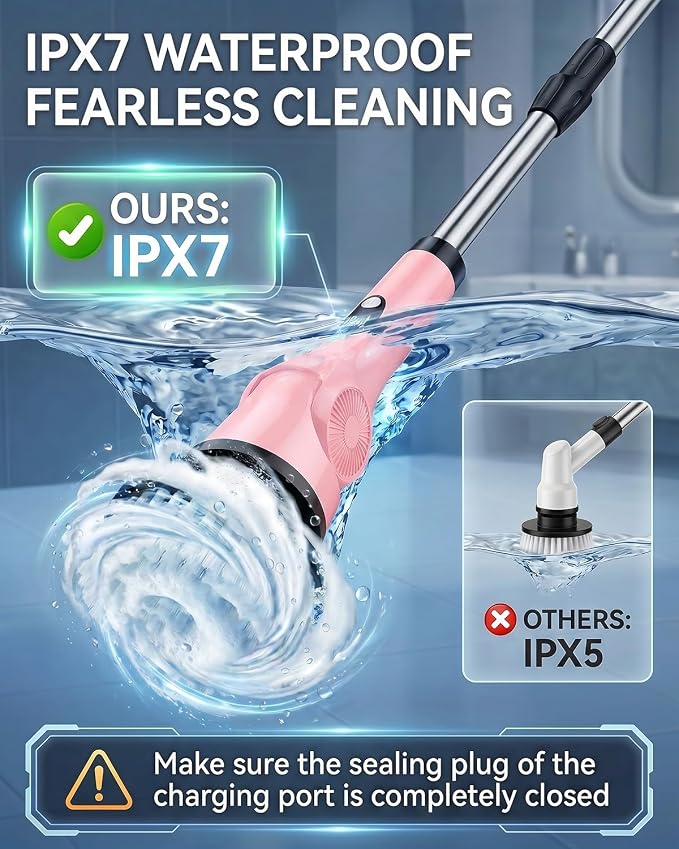 Electric Spin Scrubber, 3-Speed Shower Scrubber with Long Handle & 10 Replaceable Brush Heads, Cordless Full-Body IPX7 Waterproof Shower Cleaner Brush with 90 Mins Runtime for Bathroom