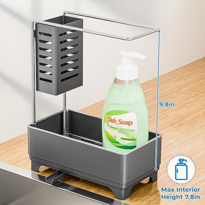 Stainless Steel Sink Caddy, Sponge Holder for Kitchen Sink with Brush Holder and Towel Rack, Sink Organizer for Countertop, Soap Dispenser Kitchen Organizers Storage Essentials(Gray)