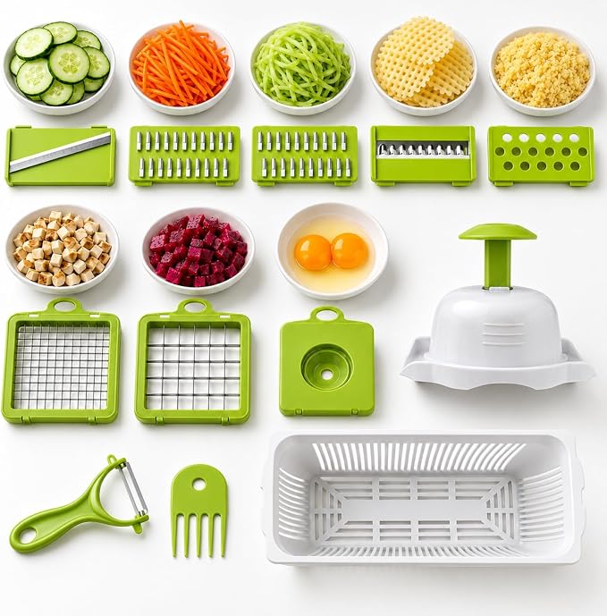 Vegetable Chopper, Onion Dicer & Mandoline Slicer with Container, Grey | Veggie Cutter with 8 Stainless Steel Blades & Drain Basket. Fast Food Chopper for Salad, Potato, Tomato, Cucumber & Carrot