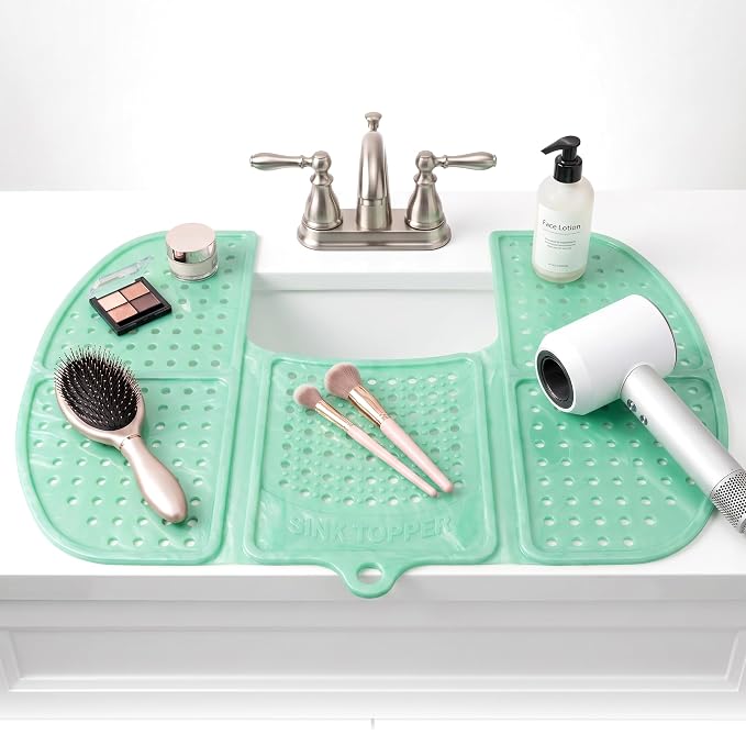 Sink Topper Bathroom Counter Cover & Storage Saver, Foldable Silicone Mat for Hot Tools, Hair Styling & Makeup, Beauty Brush Cleaning Mat, RV Camper Sink Cover & for Small Spaces (Large Green)