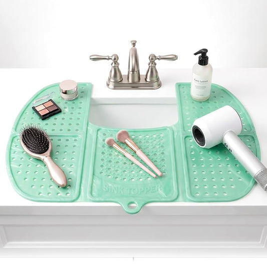 Sink Topper Bathroom Counter Cover & Storage Saver, Foldable Silicone Mat for Hot Tools, Hair Styling & Makeup, Beauty Brush Cleaning Mat, RV Camper Sink Cover & for Small Spaces (Large Green)