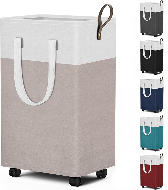 HomeHacks 75L Rolling Laundry Basket with 4 Wheels Collapsible Khaki | 4 Wheels, Waterproof PEVA Lining, Cotton Flax Fabric, Metal Frame, Bathroom Laundry Room Dorm Storage, Space-Saving Design