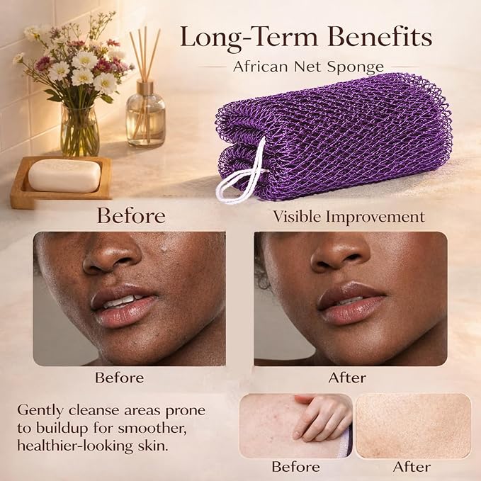 African Net Sponge Authentic Exfoliating Washcloth Body Back Scrubber 3 Pcs | 46 Inch Shower Loofah Exfoliating Bath Sponge for Women and Men Daily Use Body Care Travel Portable Accessories Spa Gifts