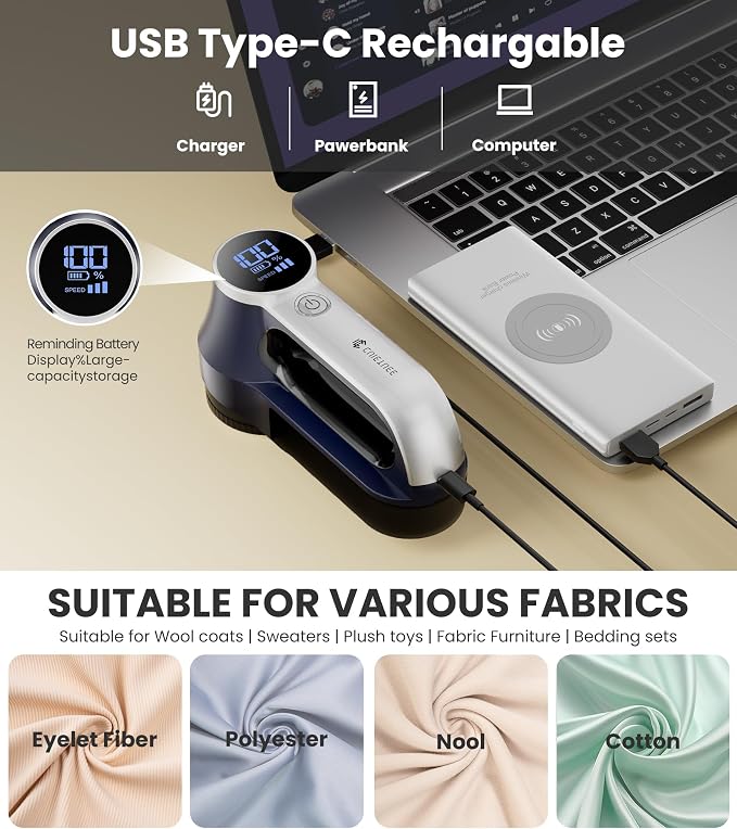 Rechargeable Fabric Shaver | 3-Speed Electric Lint Remover | 6 Blades High Eliminates Fuzz & Pilling | with LED Display & Type-C Fast Charging Port | Lint Shaver for Clothes & Furniture - Navy Blue