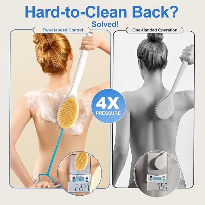 Extendable Back Scrubber –Non-Slip Dual-Sided, Deep Exfoliation | Two-hand pull -17.5"-31.5". Dual-sided stiff & soft bristles. Non-slip grip, quick-dry, rust-proof, rich lather.