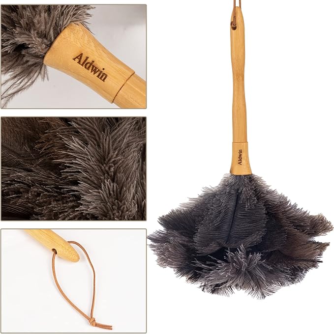 Genuine Ostrich Feather Duster with Wood Handle, 16 inch Gray | Aldwin Fluffy Natural Reusable Duster, Eco-Friendly Handheld Cleaning Duster for Car, Home, Office and Kitchen