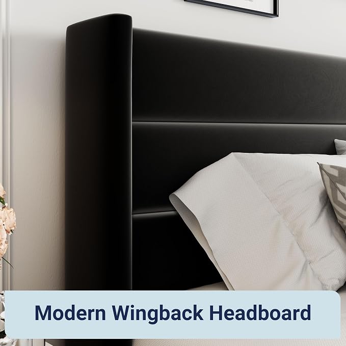 Allewie King Size Lift Up Hydraulic Storage Bed Frame Black | Modern Wingback Headboard, Hydraulic Support Storage, No Box Spring Needed