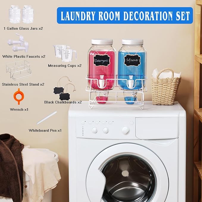 2 Sets 1 Gallon Laundry Detergent Dispenser with Stand, Glass Laundry Soap Dispenser, Liquid Laundry Detergent Dispenser for Laundry Room Organization Dispenser Containr