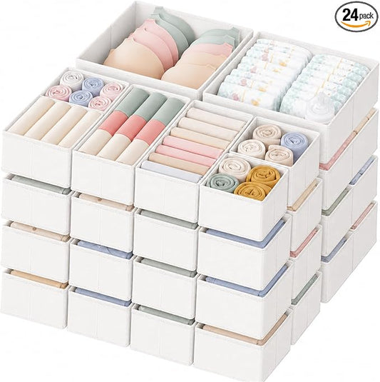 Criusia Drawer Organizer Clothes, 24 Pack Dresser Organizer for Baby Clothes, Underwear, Sock- Foldable Closet Organization and Storage Dividers Bins for Nursery, Bedroom and Dorm (White)