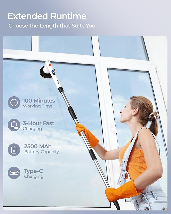 MayKing Electric Spin Scrubber with 9 Brush Heads, IPX7, Model White | 3-Angle & 4-Length Adjustable Cordless Power Scrubber, 3-Speed & Battery LED Display, for Bathroom, Tub, Floor & Tiles
