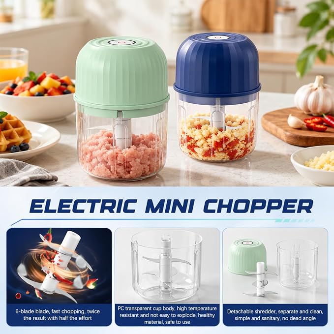 Electric Garlic Chopper, Mini Rechargeable Electric Garlic Chopper, Wireless Portable Food Processor for Ginger Chili Onion Vegetables Meat (Light green)