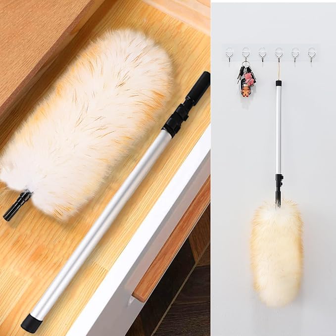 Lambswool Duster Extendable 31-55 Inch, Natural Electrostatic Feather Duster for Cleaning with Aluminum Extension Pole Reusable for High Ceilings, Fans, Blinds, Furniture, Interior & Roof Dusting