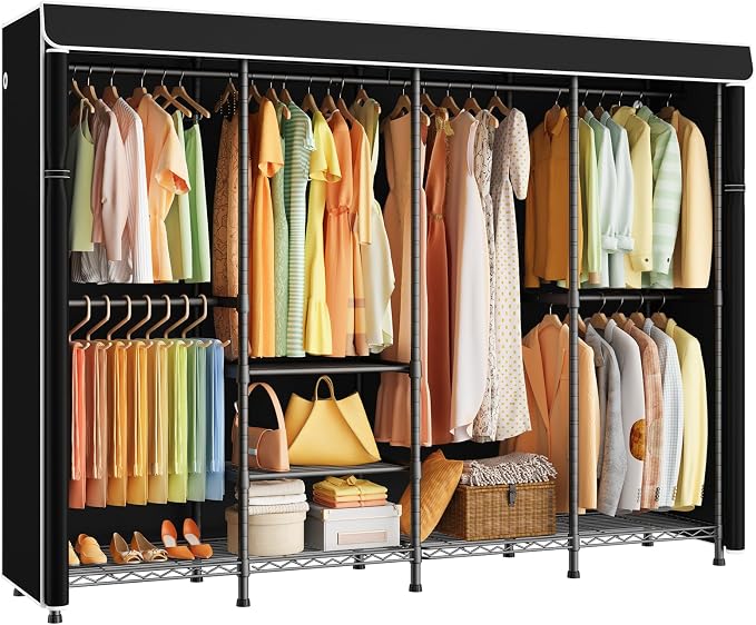 ULIFHOME Clothes Rack with Cover, Large Clothing Racks for Hanging Clothes | H41C Heavy Duty Garment Rack, Adjustable Shelves and Rods, Max Load 1150 Lbs, Black Portable Closet Rack with Black Cover