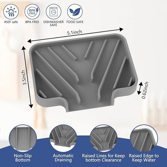 JACZZO Silicone Soap Dish for Shower and Bathroom - Small Bar Soap Holder with Self Draining Spout - Non-Slip Sink Tray Organizer for Kitchen Counter and Narrow Ledge, Gray (3.5" x 5")