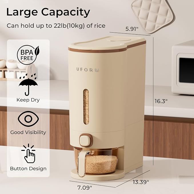 UFORU Rice Dispenser,23-25Lb Rice Storage Container with Measuring Cup for Kitchen Pantry Household, Cereal Dry Food Storage Containers Airtight, Sealed Moisture Proof (Brown)