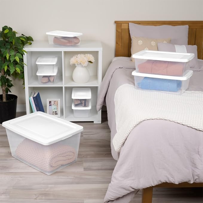 Sterilite 18 Pack Storage Boxes, Clear Plastic Stackable Containers, Lightweight Home Organizers with Snap Lids, 58 Quart, White