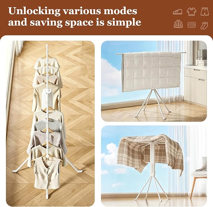 Adjustable Collapsible Umbrella Style Clothes Drying Rack, 4Legs6Telescopic Arms, Space-Saving Freestanding Laundry Airer with Windproof Clips, Easy Setup Indoor Outdoor (White-Plastic)