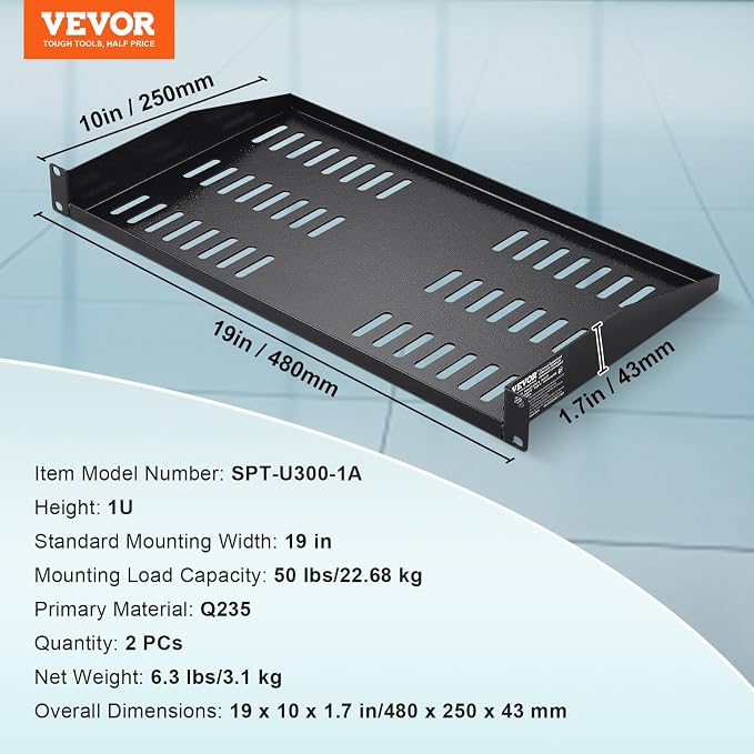 VEVOR 2PCS 1U Server Rack Shelf, Universal Vented Rack Mount Cantilever Tray for 19 inch Network Equipment Rack & Cabinet, 10" Deep Rack Mount Shelf, Weight Capacity 50 lbs Wall Mount Rack Shelf
