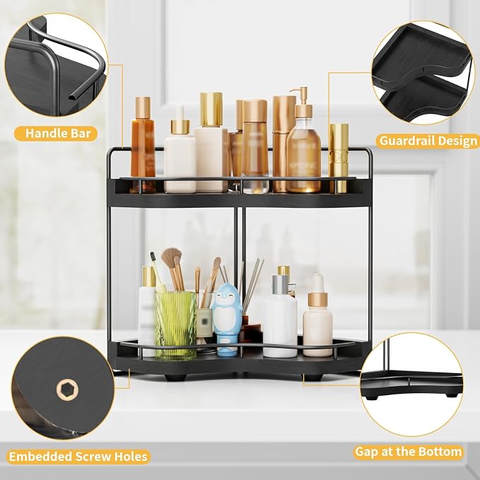 2-Tier Corner Bathroom Counter Organizer, Larger Size | Embedded Screw Holes, Sturdy & Stable, Oversized, Holds More, Vanity Shelf for Makeup & Skincare, Black