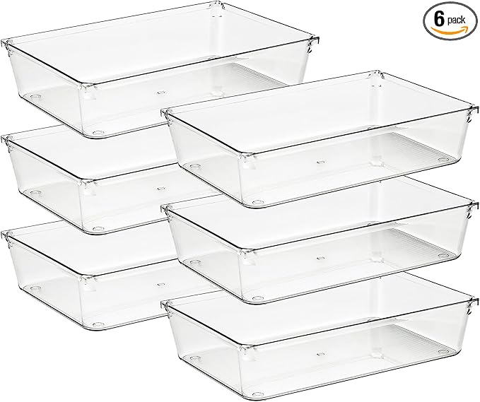 Ravinte 6 Pack Drawer Organizer - 6" X 9" Plastic Storage Bins, Acrylic Organizers with Non-Slip Pads Clear Desk Storage Tray for Makeup, Jewelries, Kitchen Utensils, Bathroom and Office | Acrylic Tray Design, Non-Slip Pads, For Makeup, Jewelry, Kitche...