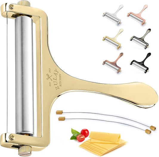 Zulay Kitchen Cheese Slicer With Adjustable Thickness – Heavy Duty Block Slicer with 2 Extra Wires – Ideal for Mozzarella, Cheddar, Gouda - Gold